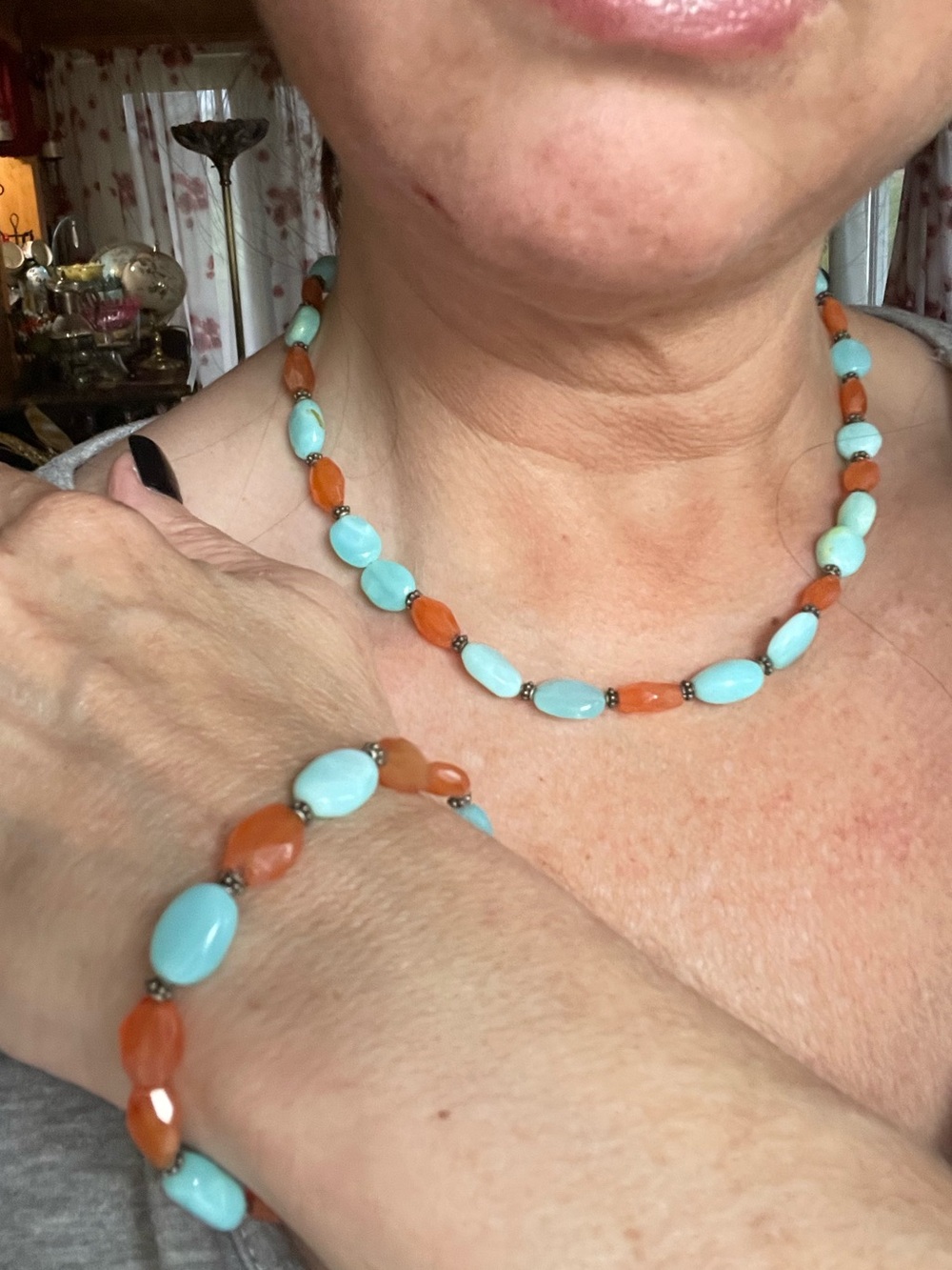 Amazonite and Carnelian Beaded Sterling Silver Toggle Necklace & Bracelet Set